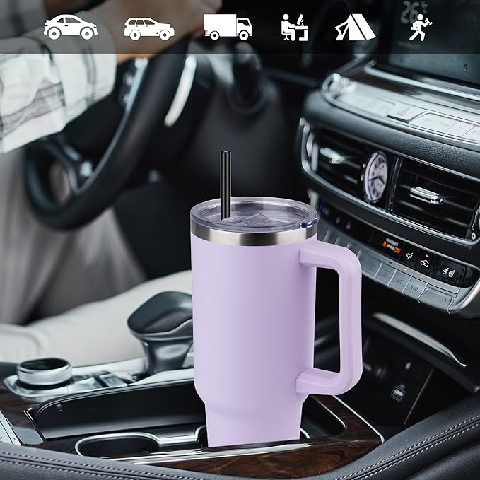DOMICARE 40 oz Tumbler with Handle and Straw, Stainless Steel Tumbler with Lid and Straw, Reusable Vacuum Insulated Cup, Travel Coffee Mug, Lavender, 4Pack