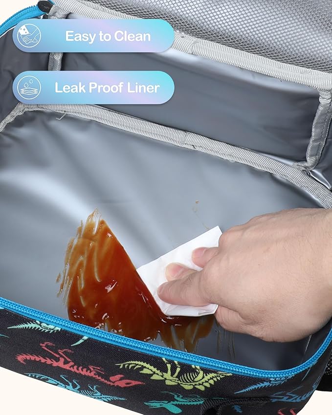 Bagseri Kids Lunch Bag Boys - Insulated Lunch Box for Kids Reusable Leak-Proof Boys Lunch Bag with Water Bottle Holder Toddler Lunch Box for Daycare and School, Black Dinosaur Fossil