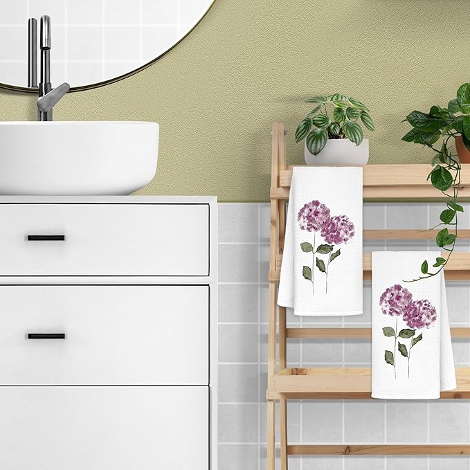 Purple Hydrangea Flowers Floral Kitchen Towels Set of 2, Hydrangea Decorative Hand Towels for Bathroom, Purple Hydrangea Decor Dish Towels for Kitchen, Purple Towels, Hydrangea Gifts, 16x24 in