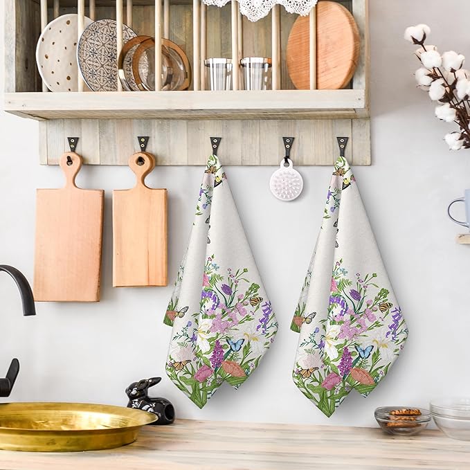 Pink Flowers Decorative Kitchen Towels Floral Dish Towels Absorbent Cute Botanic Dish Cloths Set Spring Summer Tea Hand Towels for Kitchen Farmhouse Holiday Home Decor (2 Pack, 16"x24")