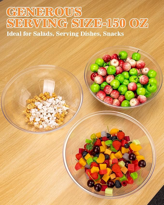 BESTVIP 4 Pack 150 Ounce Clear Plastic Serving Bowls, Disposable 11.6" Party Bowls for Chips/Salad/Candy/Snacks, Stackable Buffet Containers for Christmas, Holiday, Weddings, Showers/Events, Reusable