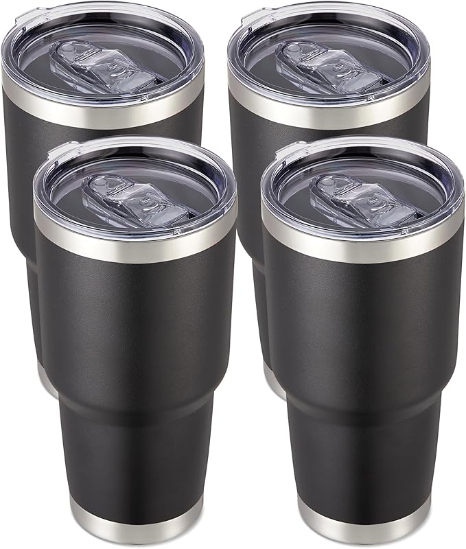 30 oz Tumbler with Lid Stainless Steel Tumblers Bulk Vacuum Insulated Cup Reusable Powder Coated Travel Mug Double Wall Leak Proof Cups Keep Cold Drinks for 12 Hours Black, Set of 4