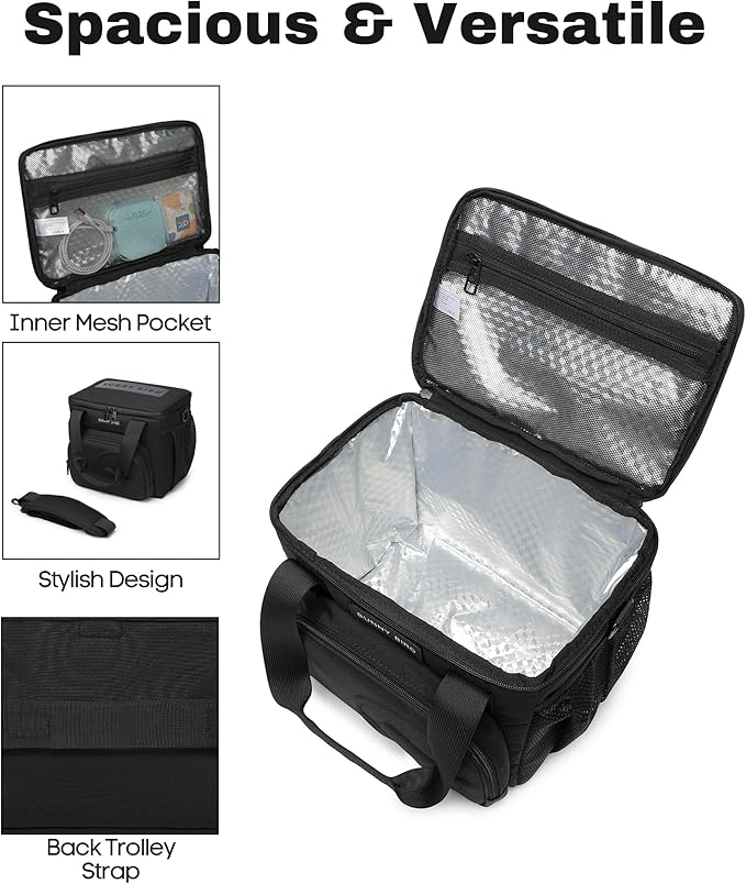 SUNNY BIRD 12L Large Insulated Lunch Bag, Leakproof and Foldable Lunch Cooler Box for Women Adult and Men, Fits 18 Cans (Black 01)