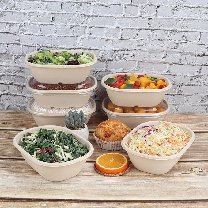 25 oz Disposable salad bowls with lids, Sugarcane Fiber Paper Bowls take away Bagasse food containers meal prep deli container 50 Pack