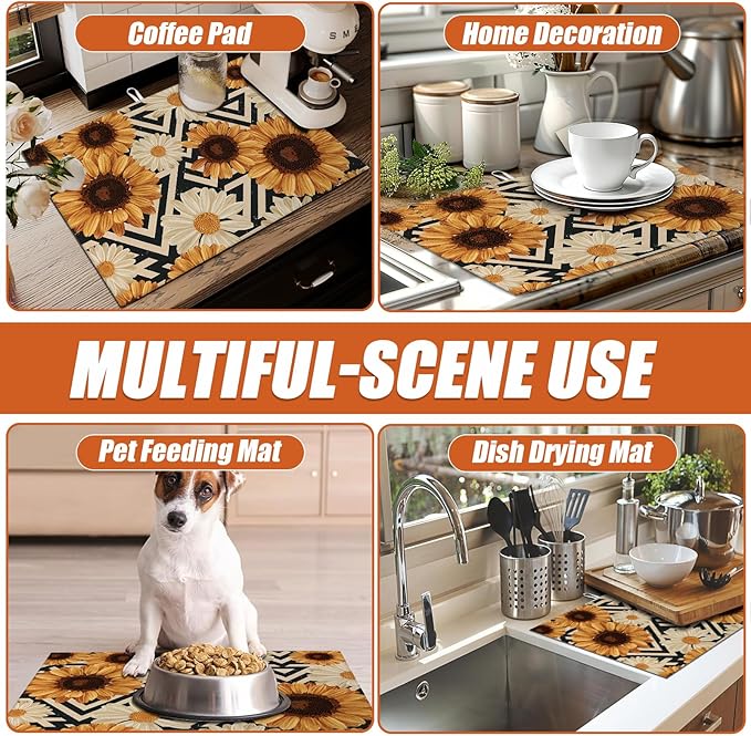 Vintage Sunflower Daisy Dish Drying Mat for Kitchen Counter Microfiber Absorbent Dish Kitchen Drying Mat Draining Reusable Washable for Dishes/Utensils/Counterto