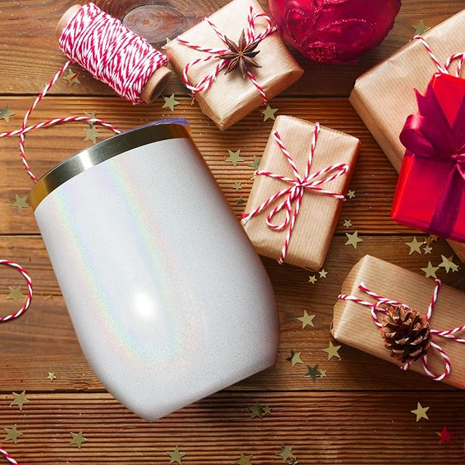 MEWAY 12oz/8 Pack Wine Tumbler Glasses with Lid - Stemless Double Wall Vacuum Stainless Steel Glitter Tumbler - Keeping Cold & Hot Cup for Coffee,Gift for Women(Rainbow White,Set of 8)