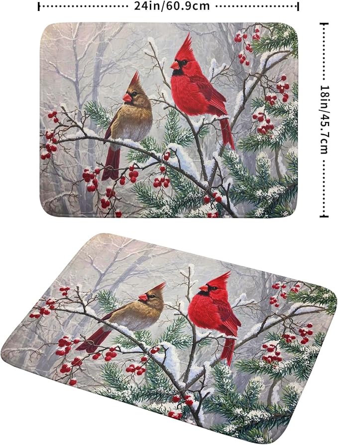 Red Bird Dish Drying Mat Merry Christmas Dishes Pad Absorbent Fast Dry Dish Drainer Mat Protector for Kitchen Counter 18 x 24 Inches