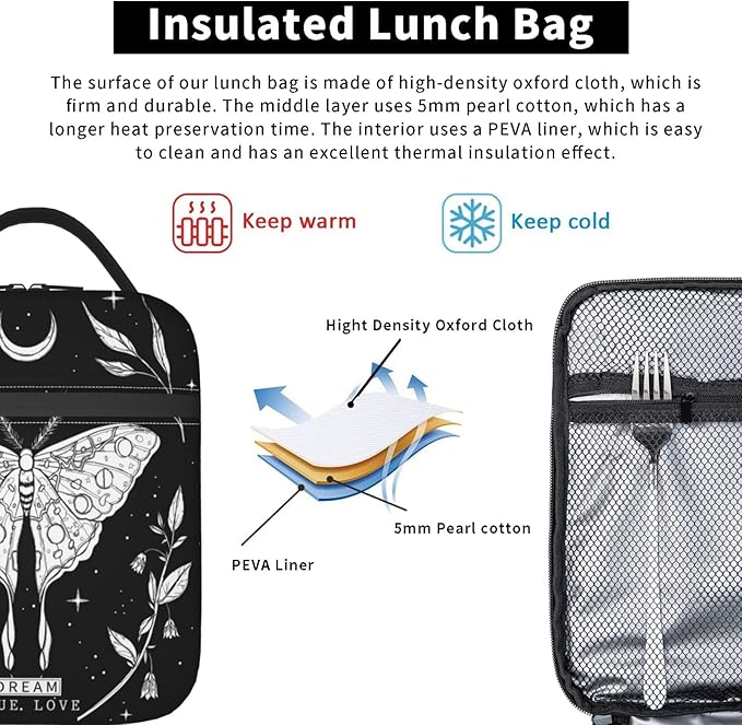 SUPLUCHOM Lunch Box Girl Black White Butterfly Moon Tarot Insulated Bag Reusable with Side Pocket for Work School Picnic Hiking Daytrip Kid Women Over 3 Years Old