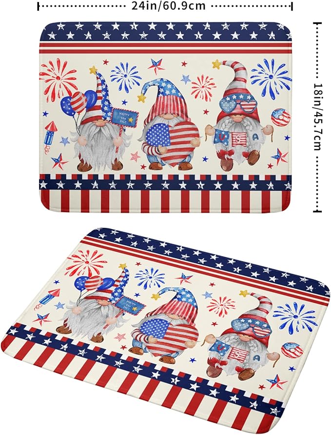 4th of July Drying Mat for Kitchen Counter 18 x 24 in - US Independence Day Patriotic Gnomes Microfiber Large Dish Drainer Mats Protector Pad for Countertop Sinks Dining Table Holiday Decor