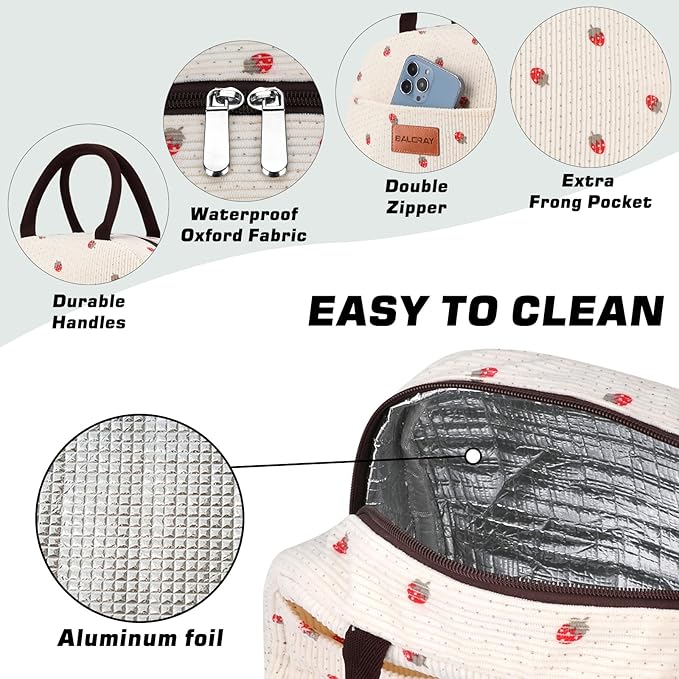 BALORAY Lunch Bag for Women Men Insulated Lunch Box for Adult Reusable Lunch Tote Bag for Work, Picnic or Travel (Corduroy Beige with Strawberry)