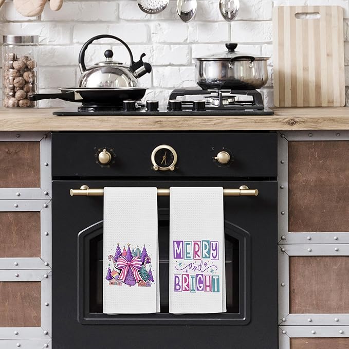 Purple Christmas Tree Kitchen Towels Set of 2, Coquette Bow Xmas Tree Dish Tea Towels for Kitchen, Preppy Christmas Holiday Decorative Hand Towel for Bathroom, 16x24 Inch