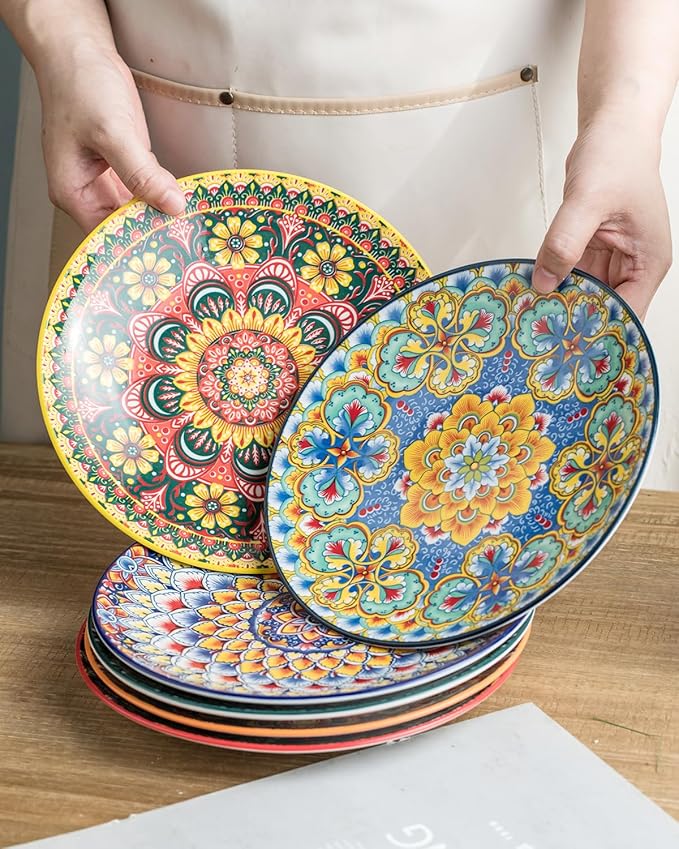 Salad Plate Set of 6, 8.5 Inch Dinner Plates for Salad, Pasta, Dessert,Steak, Appetizers Colorful Bohemian Style Dishes for Kitchen