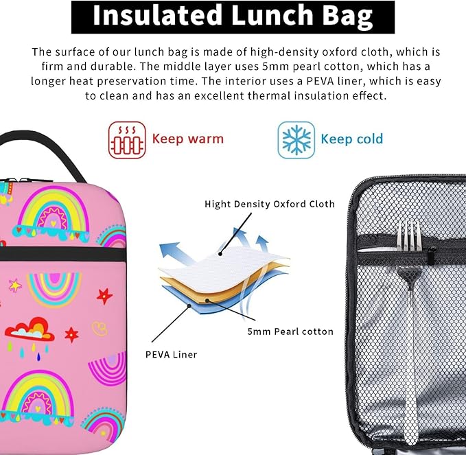 Pink Rainbow Kid Lunch Bag Insulated Reusable Lightweight Water Resistant LunchBox with Water Bottle Holder for Boys Girls Lunch Tote