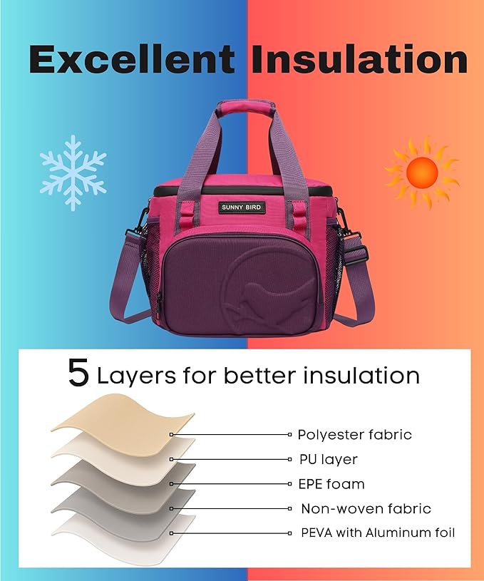 SUNNY BIRD 12L Large Insulated Lunch Bag, Leakproof and Foldable Lunch Cooler Box for Women Adult and Men, Fits 18 Cans (Purple)