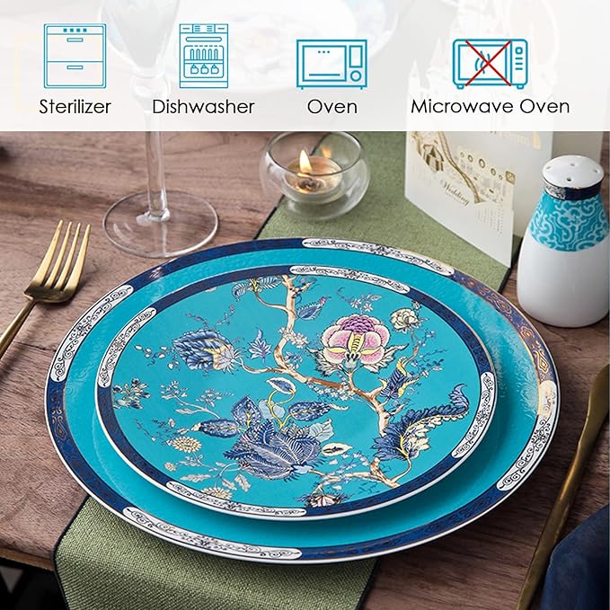 ACMLIFE Bone China Dinnerware Set for 4, 12-Piece Vintage Floral Dinnerware Set, Kitchen Plates and Bowls Set, Christmas Gifts for Women (Blue)