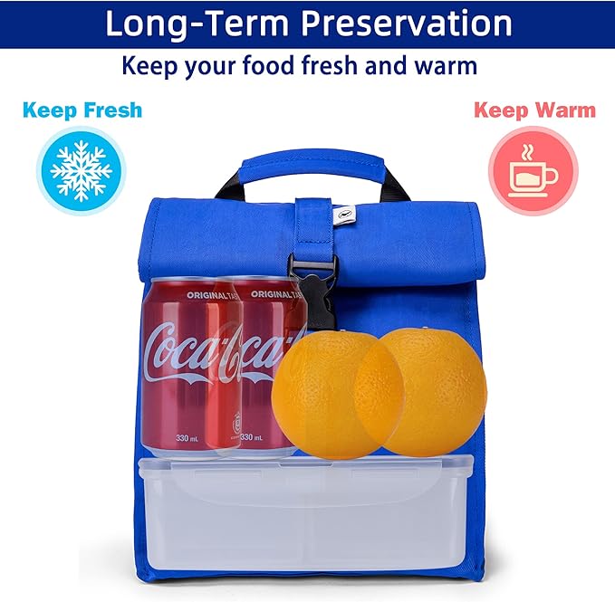 SUNNY BIRD Insulated Lunch Bag Rolltop Lunch Box Tote Lunchbox Bag for Women, Men, Adults and Kids (Blue)