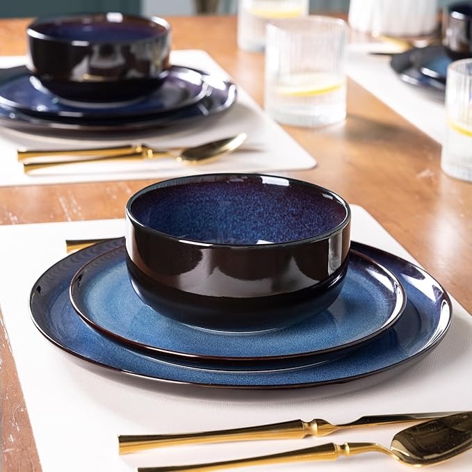 LERATIO Ceramic Dinnerware Sets for 4,12 Pieces Poreclain Plates and Bowls Sets,Scratch Resistant Dishes,Dishwasher & Microwave Safe,Oven Safe Dishes Set,Service for 4 - Blue