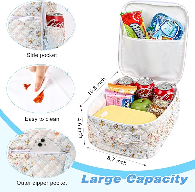Aileam Lunch Box Lunch Bag for Women Cute Girls Insulated Womens Lunch Bag For Work Quilted Large Capacity Reusable Insulated Cooler for Work School Picnic Travel Patchwork Flowers