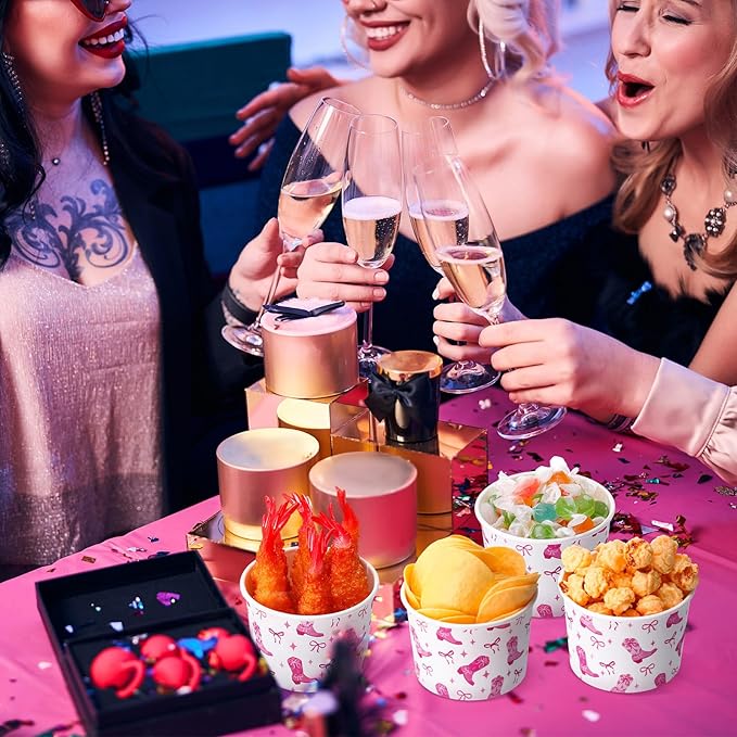 50 Pack Western Pink Cowgirl Ice Cream Cups 9 oz Disco Cowgirl Disposable Dessert Bowls Bow Paper Soup Bowls for Hot or Cold Food for Western Baby Shower Wedding Birthday Bachelorette Party