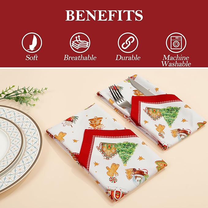 Christmas Napkins, 18×18 Inch Gingerbread Christmas Tree Dinner Cloth Napkins Set of 4, Washable Cotton Soft Absorbent Square Napkins for Dining Kitchen Party Wedding Decoration