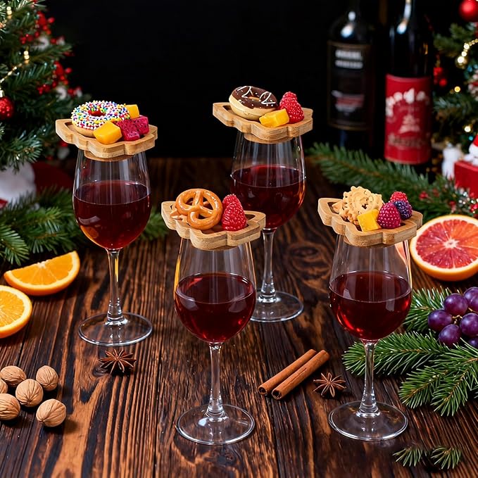 Roshtia 6 Pcs Wine Glass Charcuterie Topper, Christmas Wine Glass Charcuterie Topper, Funny Wood Appetizer Plates, Mini Santa Serving Trays for Outdoor Party Housewarming Gifts (Xmas Tree)