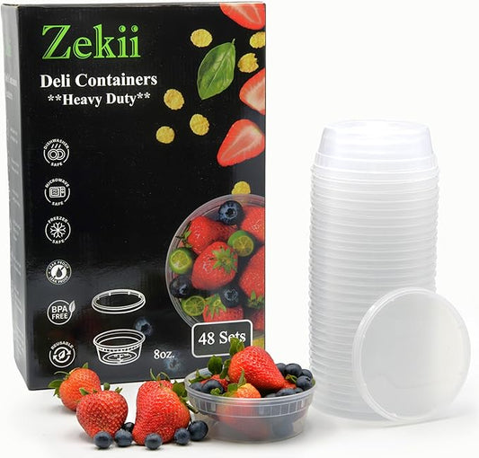 Zekii EXTRA THICK Deli Containers with Lids, Soup Containers w/Lids Airtight, 48Sets 8oz, Disposable, BPA Free, Takeout soup Cups, Meal Prep, Food Storage w/Measurements