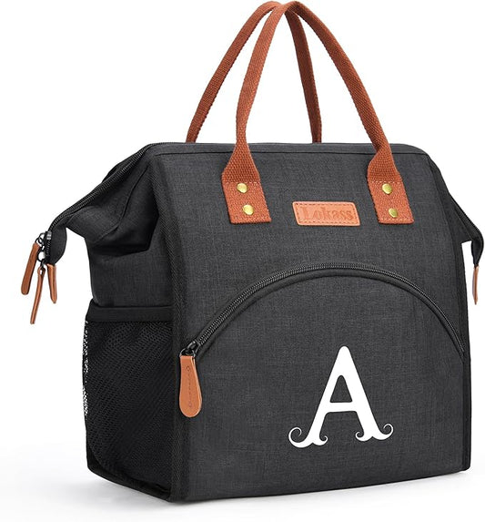 Personalized Lunch Box for Women, Initial Reusable Insulated Lunch Bag, Wide-Open Adult Lunchbox Cooler Lunchbag Snack Organizer, Initial Leakproof Lunch Tote Bag for Picnic Work Outdoors Black - A