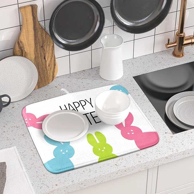 Spring Easter Dish Drying Mats for Kitchen Counter 16×18 Inch Cute Bunny Rabbit Small Microfiber Drying Mat Kitchen Accessories Dish Rack Mat Drainer Pad Washable Absorbent