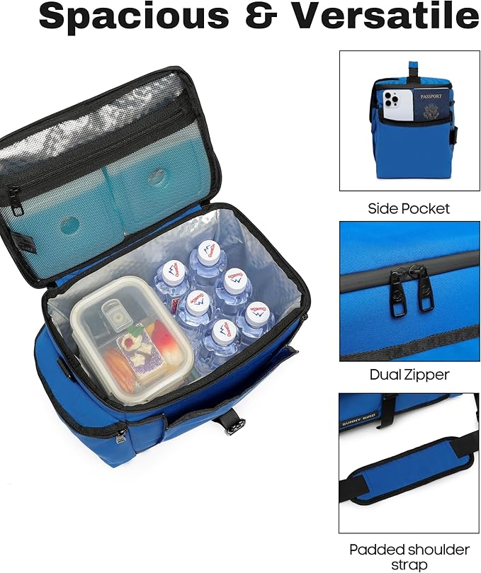 SUNNY BIRD Large Lunch Bag, Thermally Insulated Soft Cooler with Shoulder Strap for Women, Men (Blue)