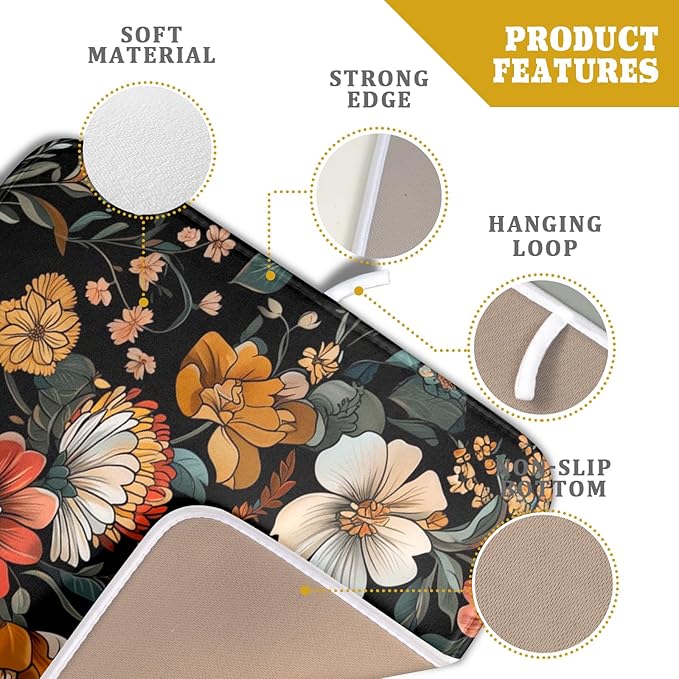 Vintage Floral Dish Drying Mat 16x18 inch Boho Flower Drainer Mats Fast Dry Absorbent Washable Dish Rack Pad Protector Kitchen Accessories