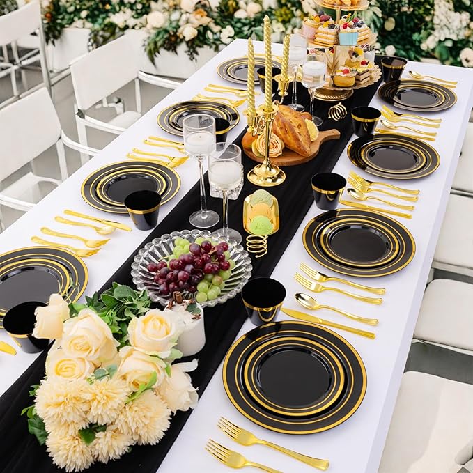 WELLIFE 450 PCS Black and Gold Disposable Dinnerware Set for 75 Guests, Plastic Plates for Party, Gold rimmed Dinner Salad Plates,Cups,Silverware Set for Halloween Party and Celebration