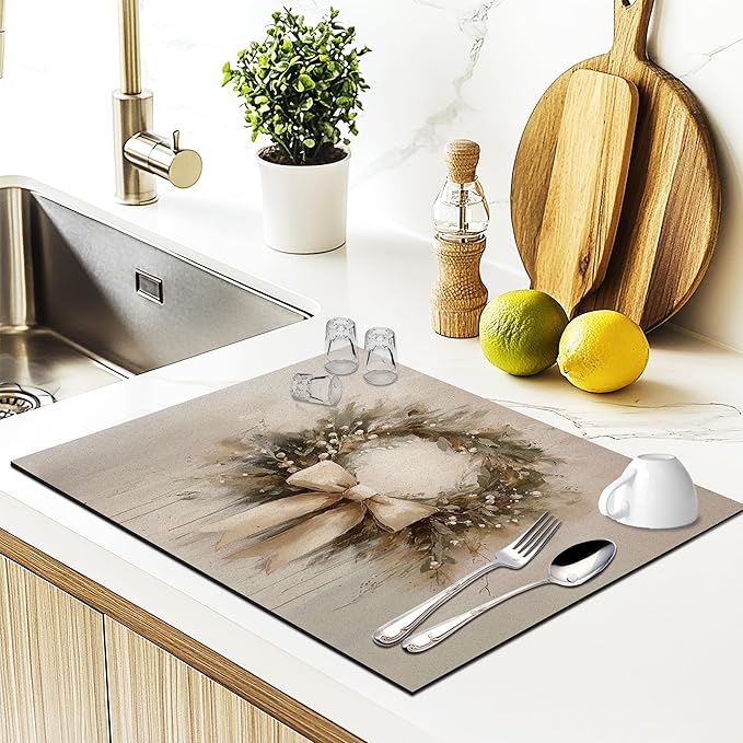 Christmas Wreath Dish Drying Mat, Vintage Winter Xmas Holiday Absorbent Dish Drainer Reusable Washable Drying Mat Pad for Kitchen Counter, Farmhouse Christmas Decor, 12×15 Inch