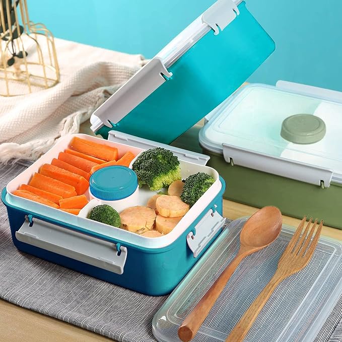 3 Pack Salad Lunch Box Food Storage Containers, 47oz Bento Box To Go Container with Lids, Meal Prep Containers with Removable Tray & Dressing Pots for Kids and Adults, Reusable and Microwave Safe