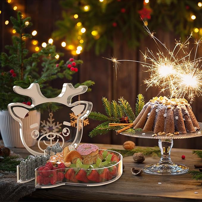 11" Christmas Elk Charcuterie Boards, Acrylic Reusable Serving Tray for Dessert Appetizer Display, Cute Decorative Snack Platter for Xmas Party Table Decoration