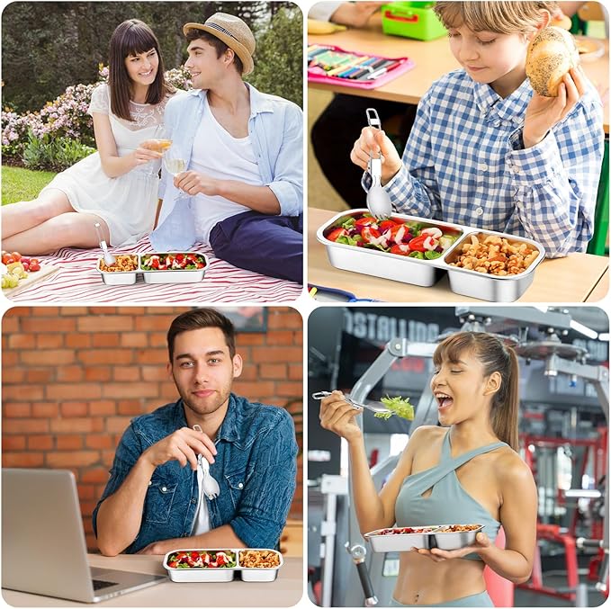 Stainless Steel Snack Containers with Lids & Spork, Reusable 2 Compartment Condiment Boxes, Divided Grab Food Storage Containers, Sauce Cups for Home, Travel (2 Compartments)