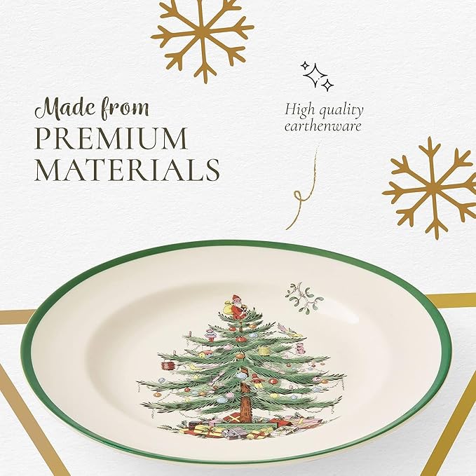 Spode Christmas Tree 10.5" Dinner Plate (Set of 4) - Festive Holiday Stoneware Plate with Christmas Tree & Green Borders, Microwave, Dishwasher, Freezer & Oven Safe - Holiday Tableware