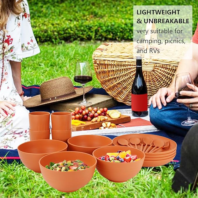 28-Piece Wheat Straw Dinnerware Sets, Microwave & Dishwasher Safe Unbreakable Dinnerware Set, Reusable Dishware Sets, Lightweight Camping Dishes, Plates, Cups, Cereal Bowls for 4(Orange)