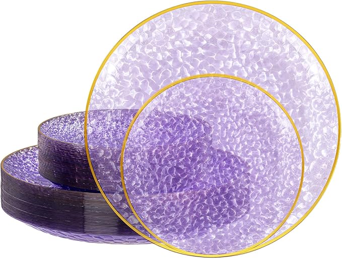 SUT 36Pcs Purple Plastic Plates, Hammered Plates Disposable Heavy Duty, Purple Disposable Plates With Gold Rim, Fancy Plastic plates Include 18 Dinner and 18 Dessert plates for Wedding