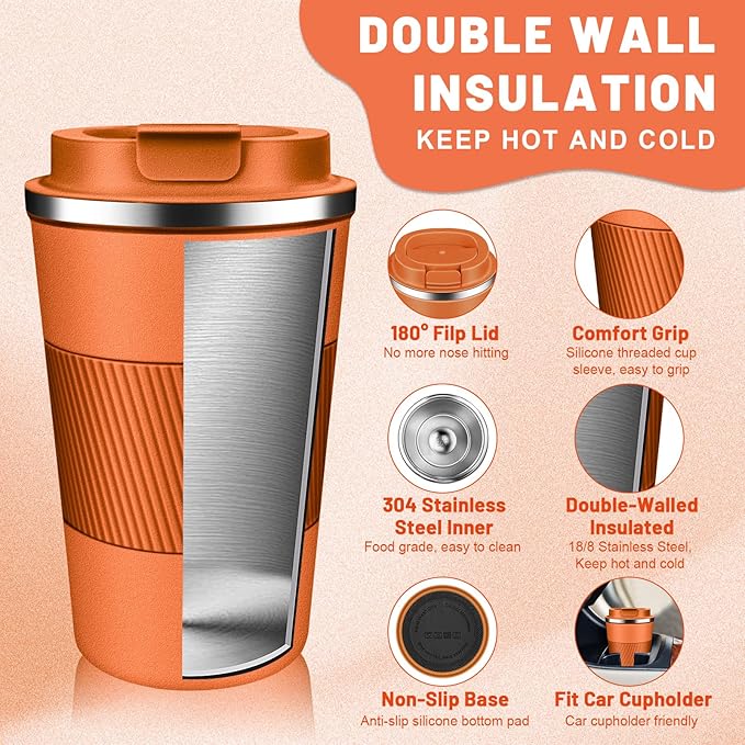 Insulated Coffee Tumblers with Flip Lid 12oz / 17oz, Stainless Steel Travel Coffee Mug Leak Proof, Vacuum Insulated Coffee Mug Reusable Cup, Keeps Cold and Hot for Coffee Tea