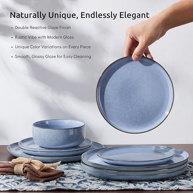 E-far 12-Piece Reactive Glaze Dinnerware Sets, Ceramic Dishes Set for 4, Stoneware Plates and Bowls Dinning Ware, Microwave & Dishwasher Safe - Ocean Blue