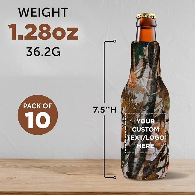 10 Neoprene Zippered Beer Bottle Coolies Pack - Customizable Text, Logo - Sharkskin Rubber Bottom - Camo3