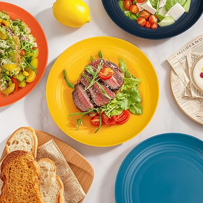 Supernal Wheat Straw Dinner Plates Reusable &Durable Plastic Plates Plastic Dinnerware 16-Pack (4 Orange, 4 Yellow, 4 Blue, 4 Dark Blue), Perfect for Dinner,Party,Outdoor Use