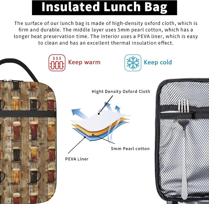 Beer Mugs Lunch Box for Women Men, Insulated Lunch Box, Reusable Lunch Bag for Office, Work, Picnic, Travel