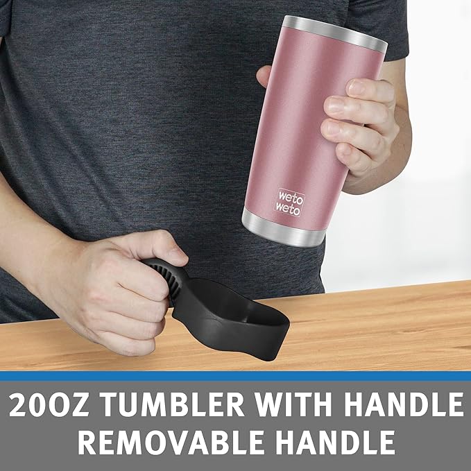 WETOWETO 20oz Insulated Stainless Steel Tumbler with Handle, Coffee Mug with 2 lids and 2 straws, Double Wall Vacuum Travel Coffee Mug, Powder Coated Tumbler Cup (Rose Gold,1)