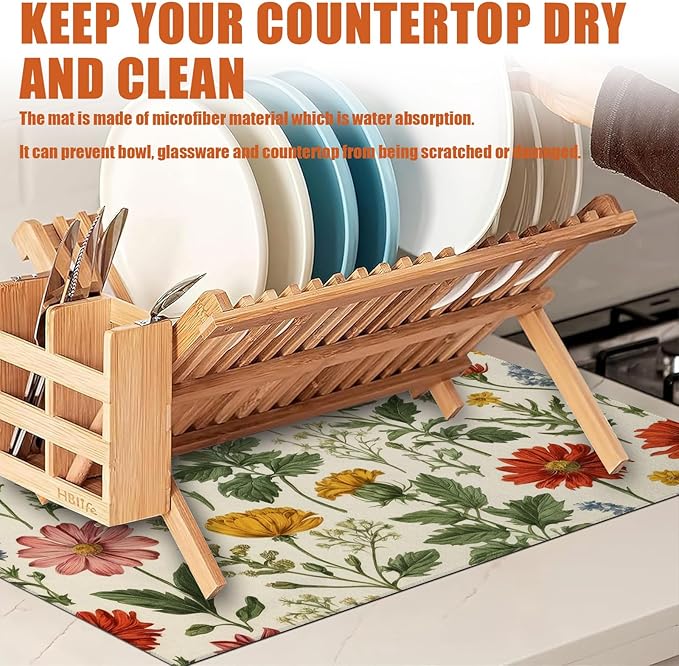 Spring Wild Flower Dish Drying Mat for Kitchen Counter Microfiber Absorbent Dish Kitchen Drying Mat Draining Reusable Washable for Dishes/Utensils/Counterto