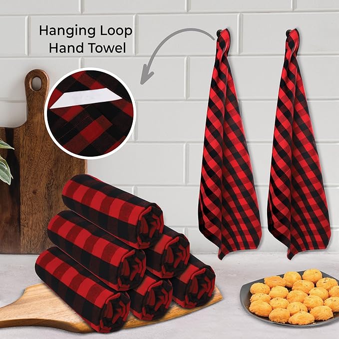 Urban Villa Buffalo Checks Kitchen Towels Set of 6 - Red/Black - 20x30 Inches - 100% Cotton - Highly Absorbent - Premium Quality - Ultra Soft - Mitered Corners
