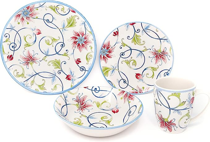 Tudor Royal Collection 16-Piece Round Dinnerware Set, Service for 4, Botanical Design, Plates Bowls Dishes, High-Gloss Premium Quality