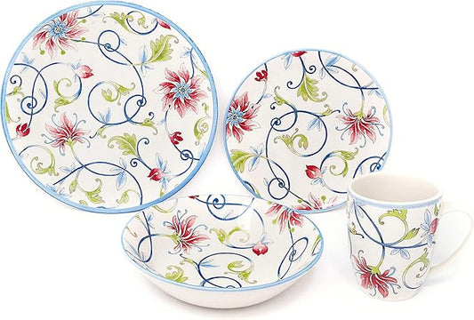 Tudor Royal Collection 16-Piece Round Dinnerware Set, Service for 4, Botanical Design, Plates Bowls Dishes, High-Gloss Premium Quality