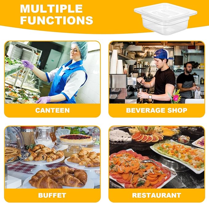 6 Pcs Clear Polycarbonate Food Pans with Lids, 1/6 Stackable Plastic Foods Pans for Commercial Kitchen Restaurant Food Prep, Freezer-Safe, 2.6 Inches Deep