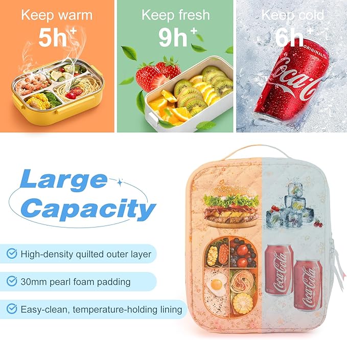 Aileam Lunch Box Lunch Bag for Women Cute Girls Insulated Womens Lunch Bag For Work Quilted Large Capacity Reusable Insulated Cooler for Work School Picnic Travel Patchwork Flowers